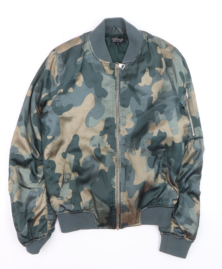 Topshop Women's Green Camouflage Bomber Jacket Size 6