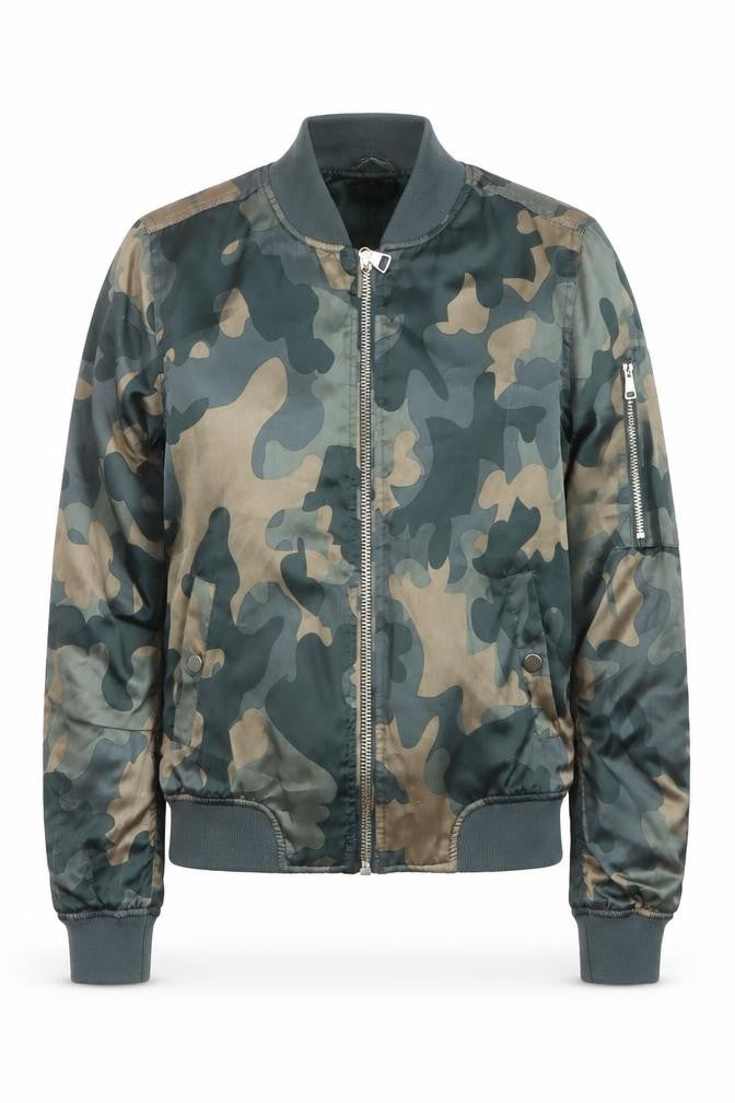 Front view of Topshop Women's Green Camouflage Bomber Jacket, size 6