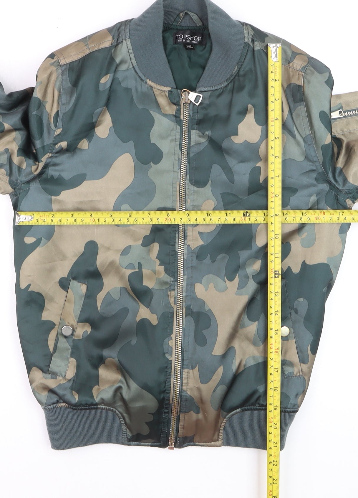 Topshop Women's Green Camouflage Bomber Jacket Size 6