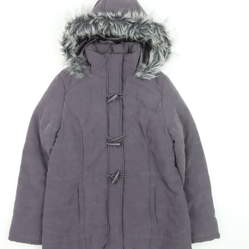 BHS Women’s Grey Faux Fur Hooded Mid-Length Puffer Coat Size 10