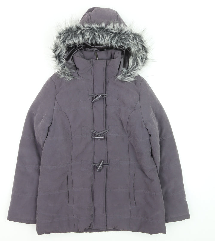 BHS Women’s Grey Faux Fur Hooded Mid-Length Puffer Coat Size 10