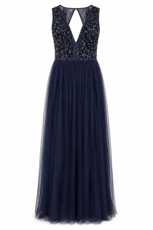 Front view of No.1 Jenny Packham Women's Blue, size 10, Sleeveless Beaded Long Ball Gown Dress