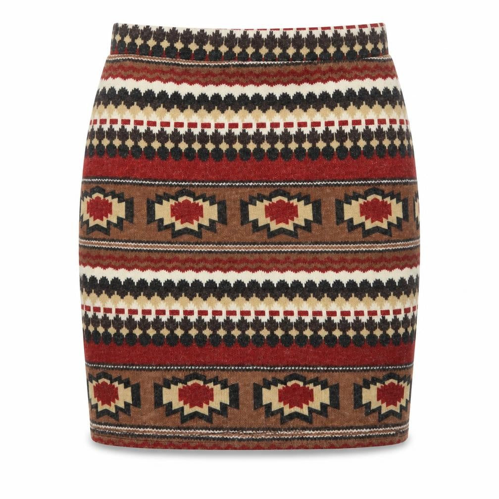 Front view of Hearts & Bows Women Brown Aztec Knit Mini Skirt, size 6, Stretch