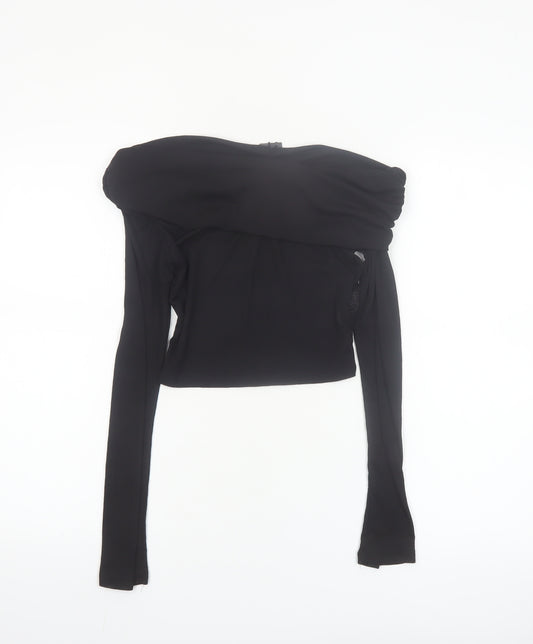 PrettyLittleThing Women Black Off Shoulder Cropped Long Sleeve Blouse Size 8