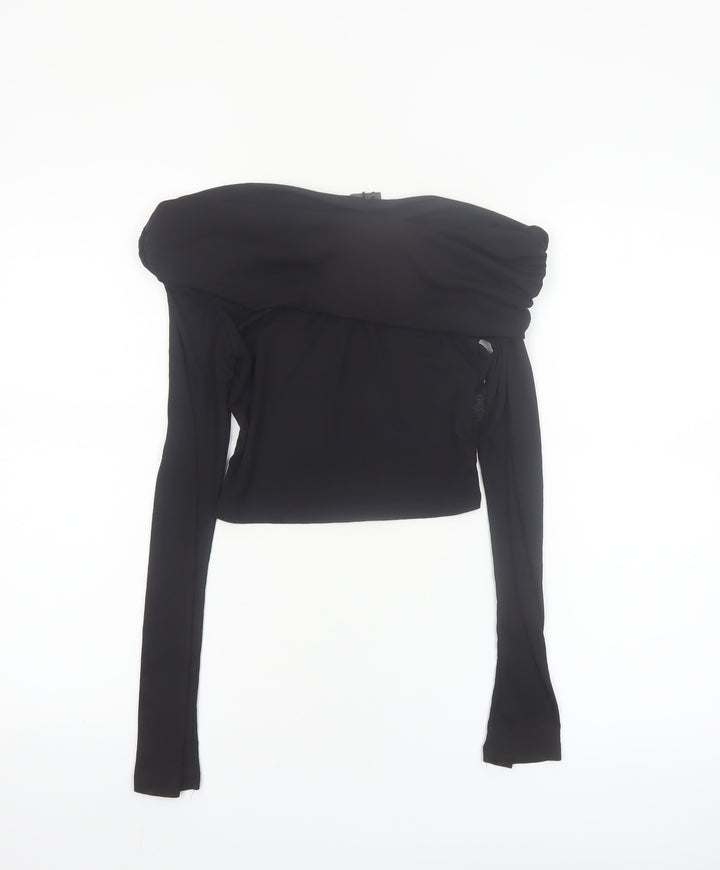 PrettyLittleThing Women Black Off Shoulder Cropped Long Sleeve Blouse Size 8