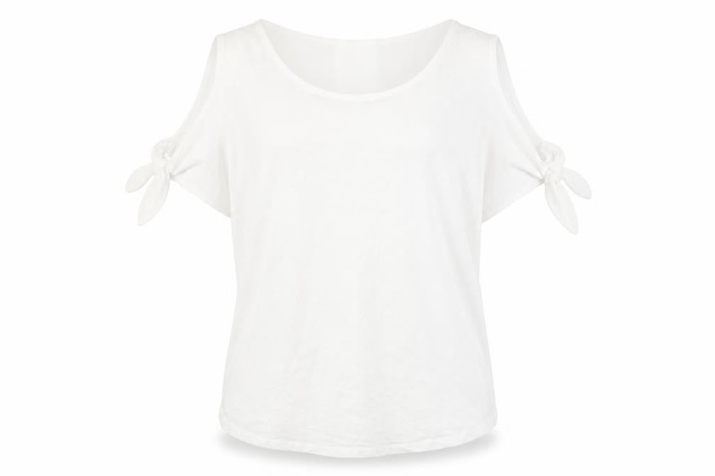 Front view of New Look Women's White Cold Shoulder Tie Sleeve T-Shirt, size 14