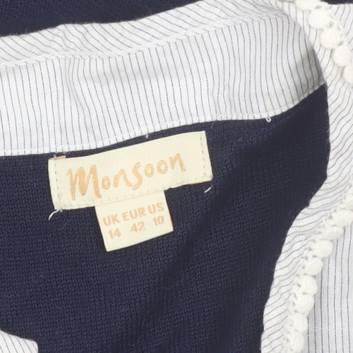 Monsoon Women’s Blue Knit Pullover Jumper Size 14 with Ruffle Neckline