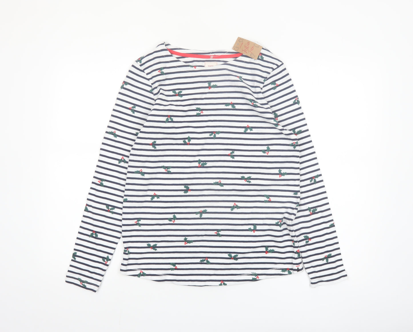 George Women’s White Striped Christmas Long Sleeve Cotton T-Shirt Size M