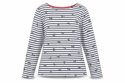 Front view of George Women’s White Striped Christmas Long Sleeve Cotton T-Shirt, size M