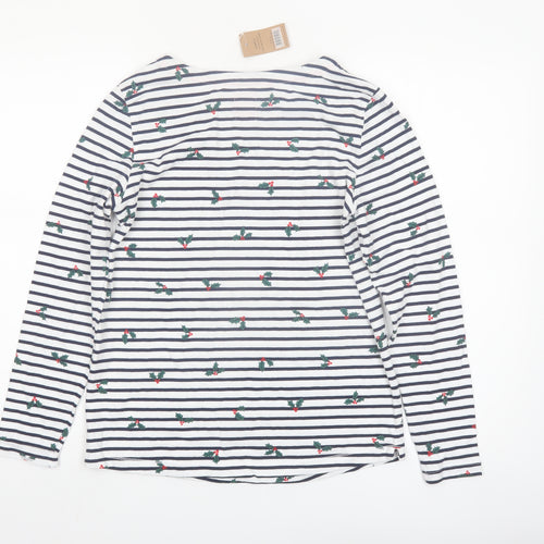 George Women’s White Striped Christmas Long Sleeve Cotton T-Shirt Size M