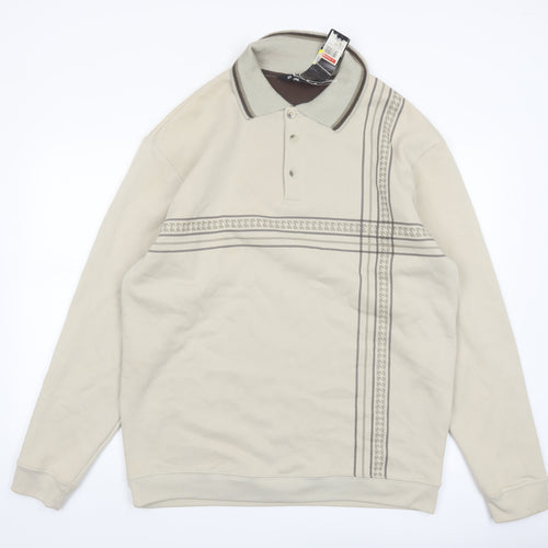 Vintage Men's Beige Collared Henley Sweatshirt XL Regular Fit