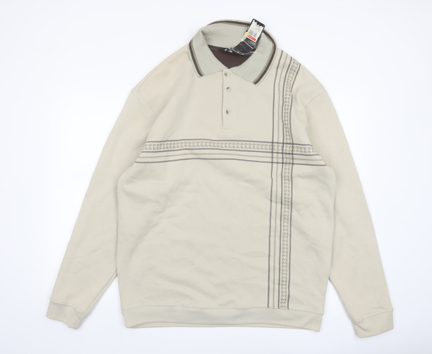Vintage Men's Beige Collared Henley Sweatshirt XL Regular Fit