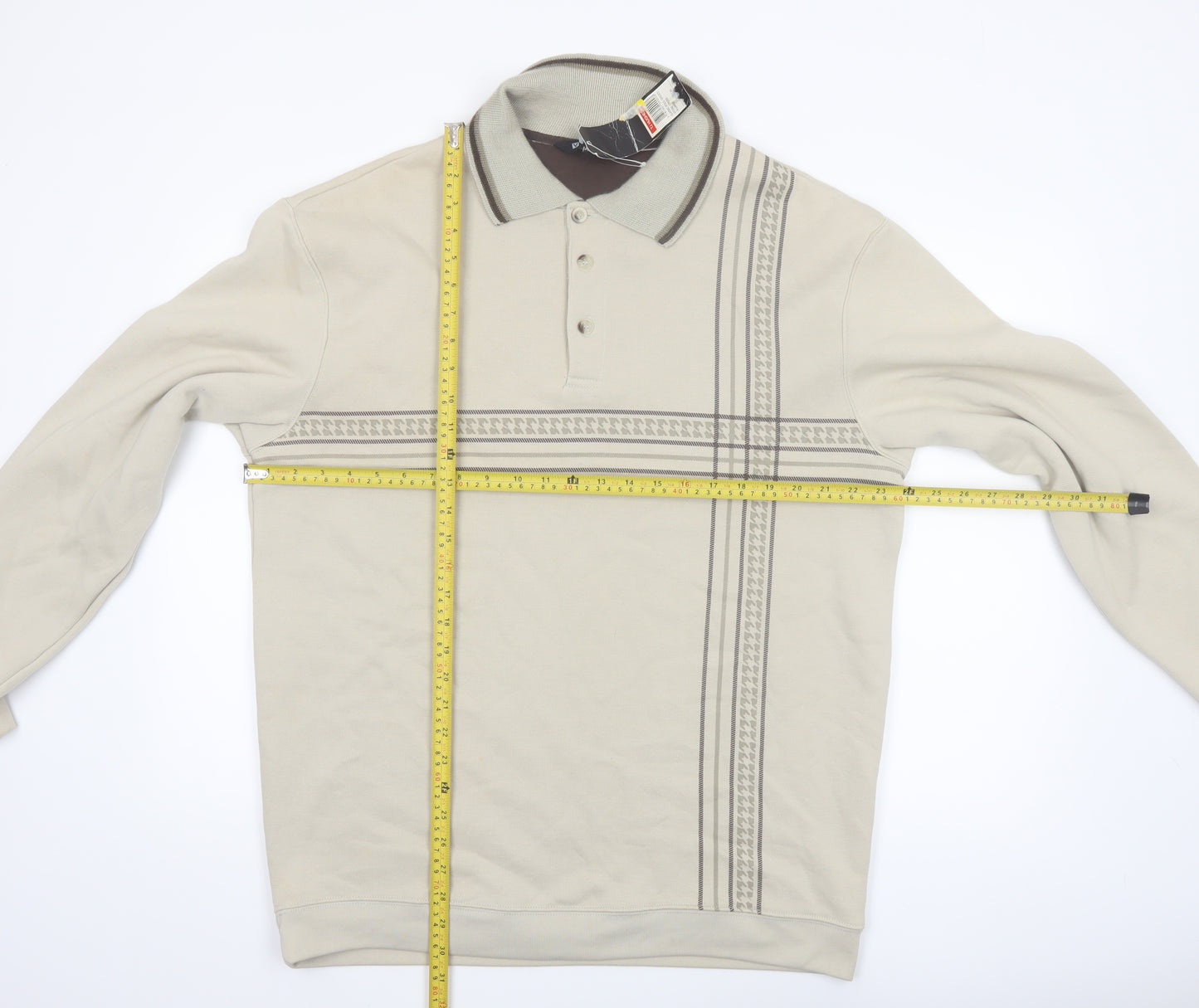 Vintage Men's Beige Collared Henley Sweatshirt XL Regular Fit