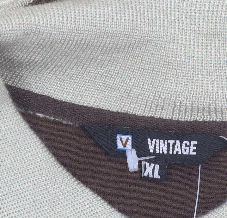 Vintage Men's Beige Collared Henley Sweatshirt XL Regular Fit