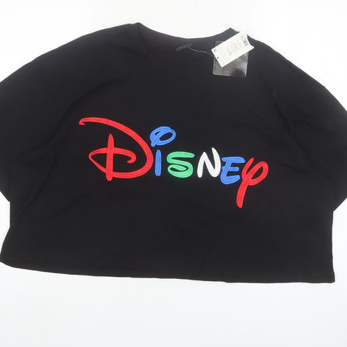 Disney Womens Black Cropped T-Shirt L Embroidered Logo Cotton
