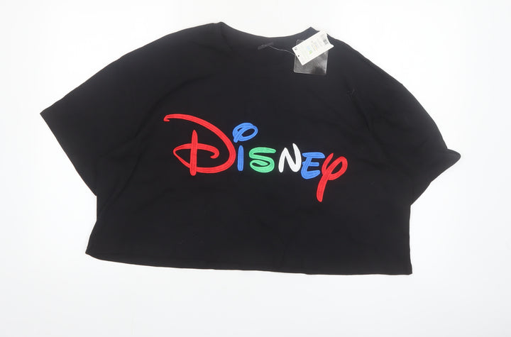 Disney Womens Black Cropped T-Shirt L Embroidered Logo Cotton