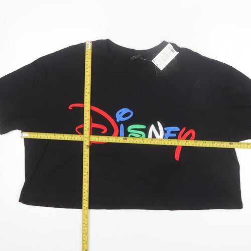 Disney Womens Black Cropped T-Shirt L Embroidered Logo Cotton