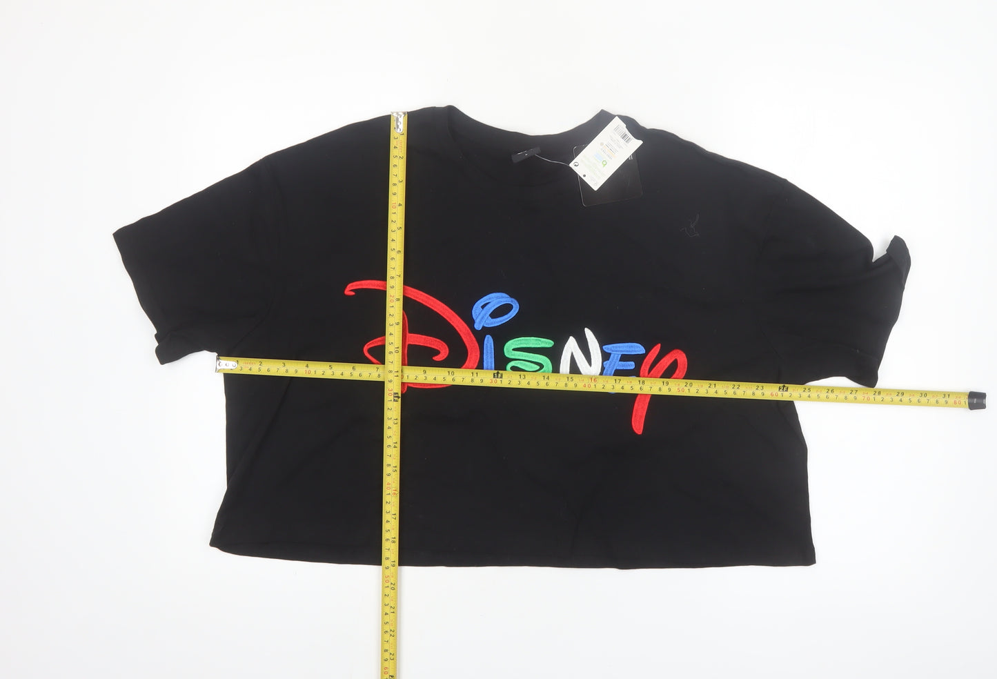 Disney Womens Black Cropped T-Shirt L Embroidered Logo Cotton