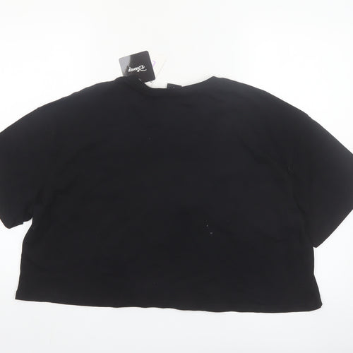 Disney Womens Black Cropped T-Shirt L Embroidered Logo Cotton