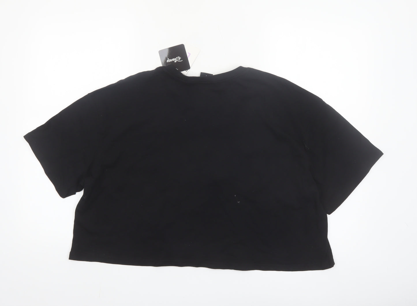 Disney Womens Black Cropped T-Shirt L Embroidered Logo Cotton
