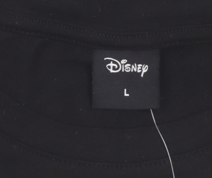 Disney Womens Black Cropped T-Shirt L Embroidered Logo Cotton