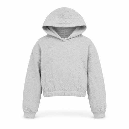 Front view of Candy Couture girls’ grey hooded pullover hoodie age 12 lightweight knit