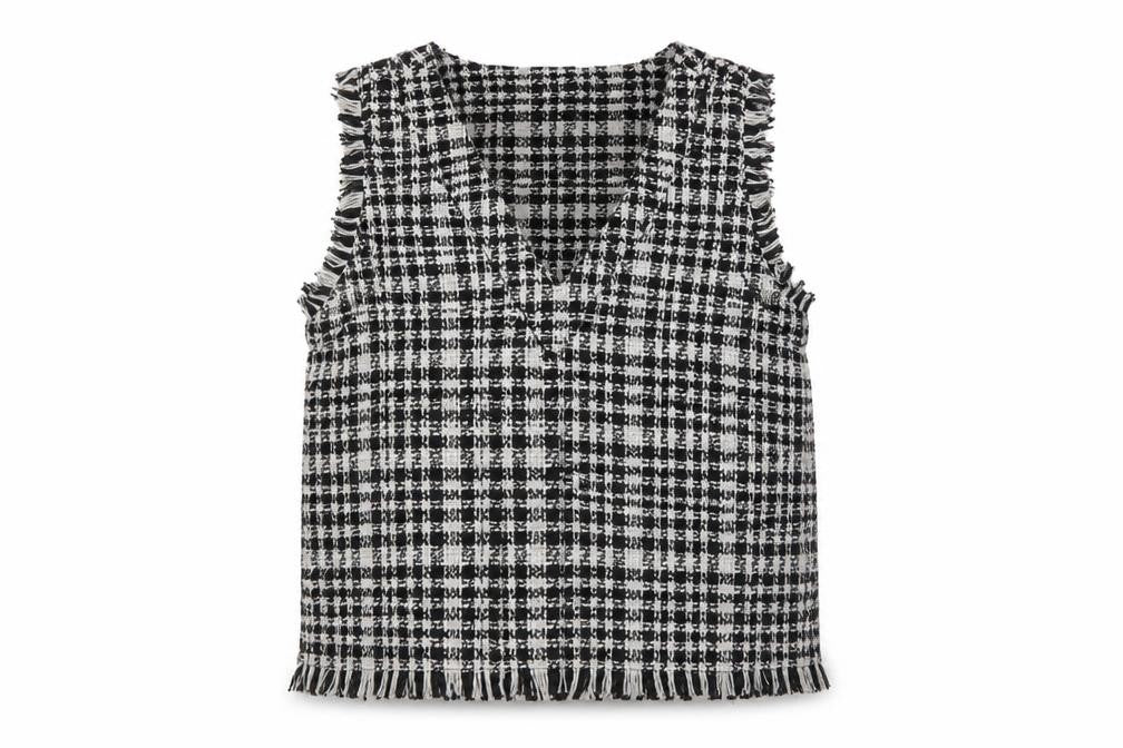 Front view of Stradivarius women’s black check tweed sleeveless tunic blouse, size UK 12