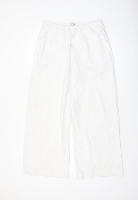 Marks and Spencer Womens White Linen Wide-Leg Trousers Size 12