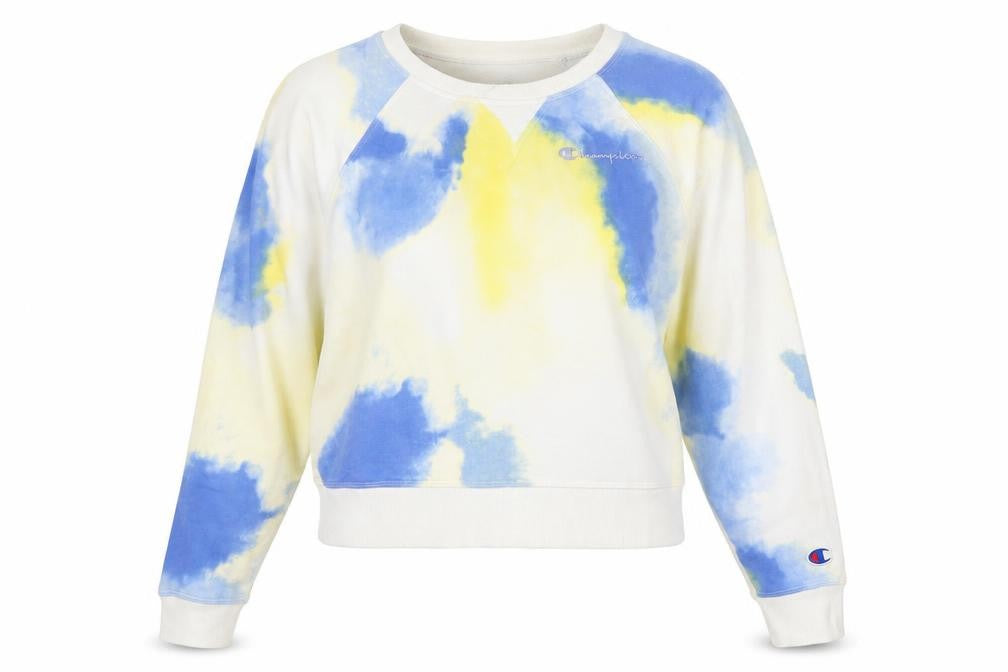 Front view of Champion women’s blue tie-dye pullover sweatshirt, size M