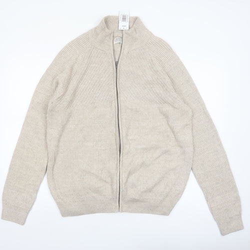 ACW85 Men's Beige Cotton Full Zip Jumper L Classic Knitwear