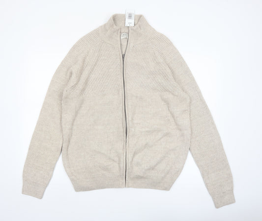 ACW85 Men's Beige Cotton Full Zip Jumper L Classic Knitwear