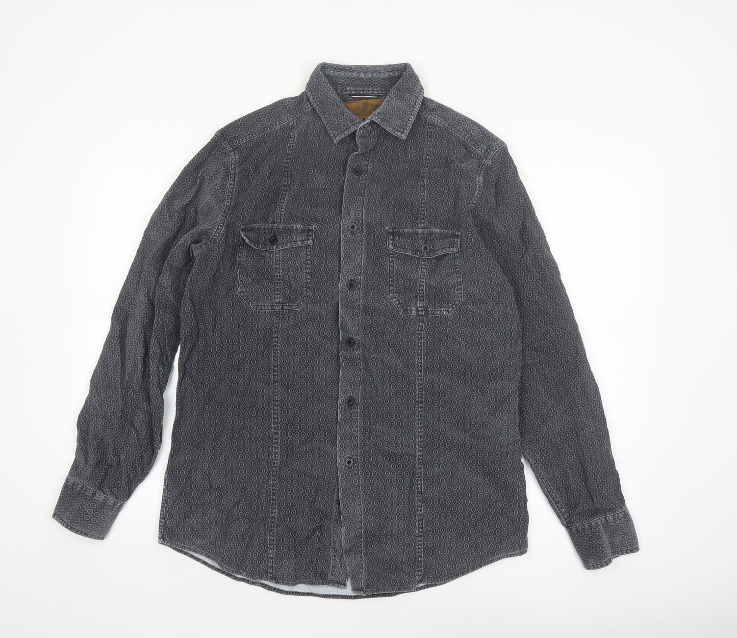 Black Brown 1826 Men's Grey Geometric Long Sleeve Button-Up Shirt Size M