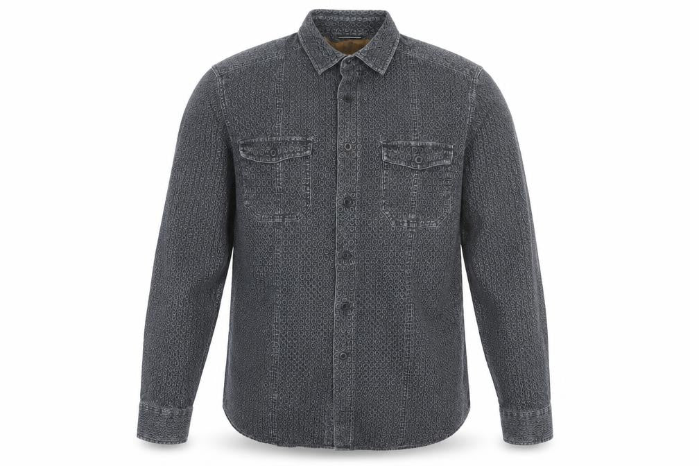 Front view of Black Brown 1826 Men's Grey Geometric Long Sleeve Button-Up Shirt, size M