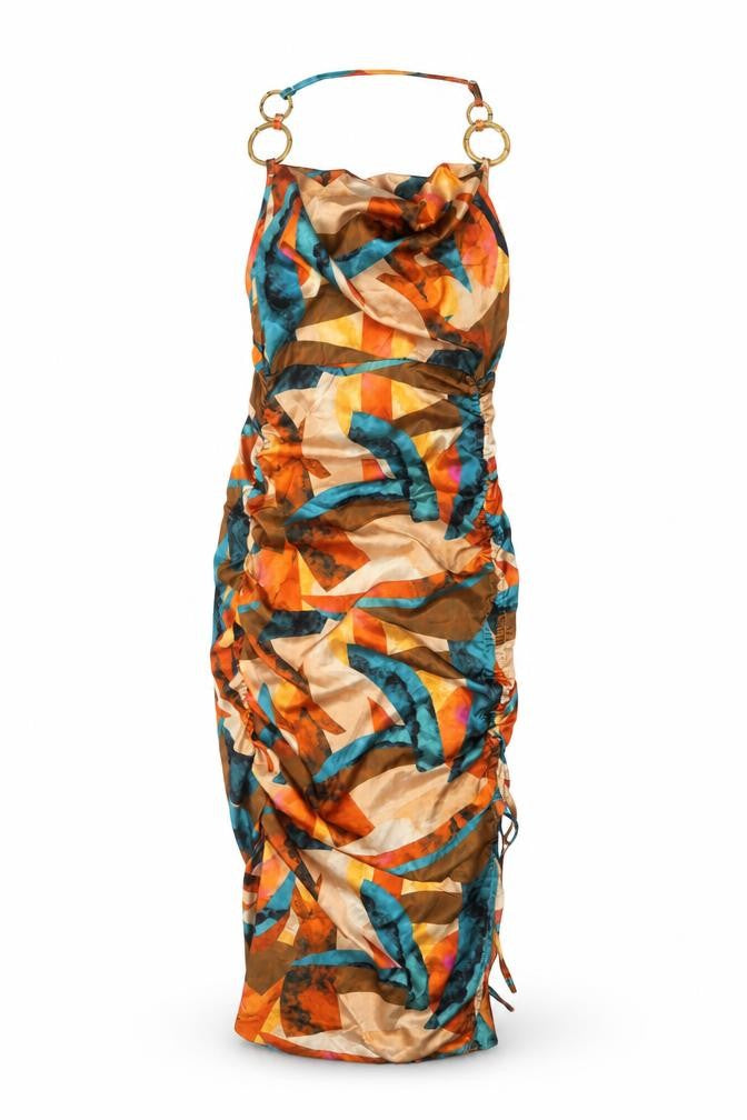 Front view of PRETTYLITTLETHING Women’s Multicoloured Halter Slip Dress, size UK 8