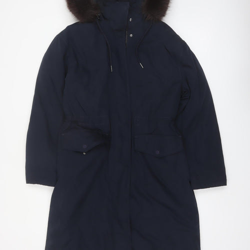 Marks and Spencer Women's Blue Hooded Fur Trim Parka Coat Size 10