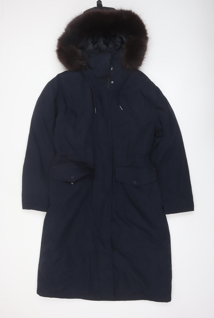 Marks and Spencer Women's Blue Hooded Fur Trim Parka Coat Size 10