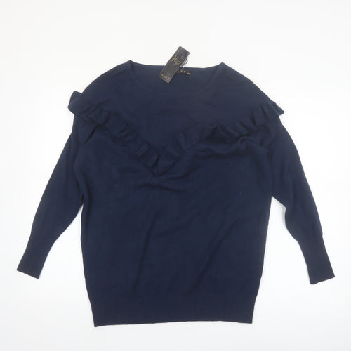 KILKY Women's Blue Ruffle Knit Long Sleeve Pullover Jumper S