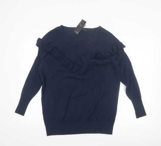 KILKY Women's Blue Ruffle Knit Long Sleeve Pullover Jumper S