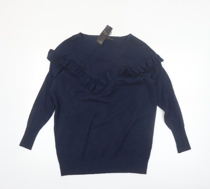KILKY Women's Blue Ruffle Knit Long Sleeve Pullover Jumper S