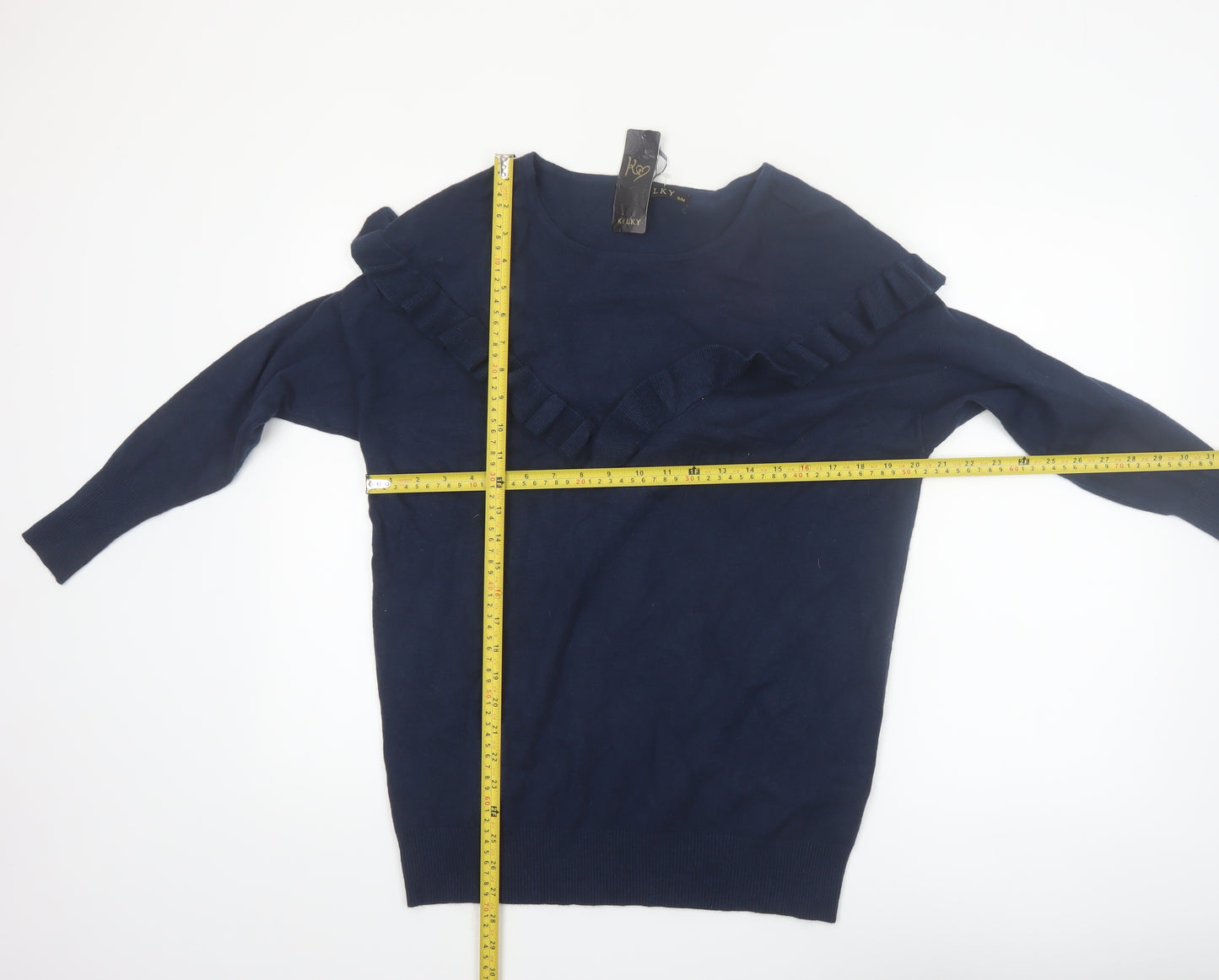KILKY Women's Blue Ruffle Knit Long Sleeve Pullover Jumper S