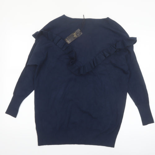 KILKY Women's Blue Ruffle Knit Long Sleeve Pullover Jumper S