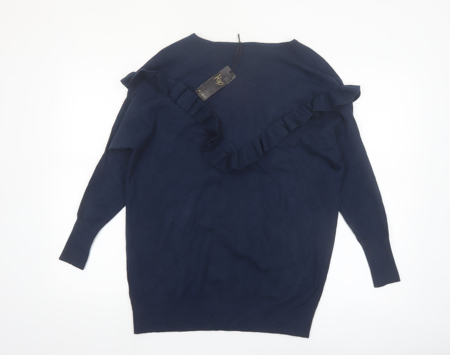 KILKY Women's Blue Ruffle Knit Long Sleeve Pullover Jumper S