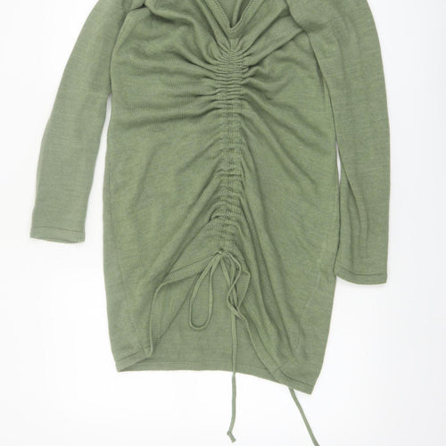 Fashionkilla Women Green V-Neck Long Sleeve Ruched Tunic Jumper Size 12