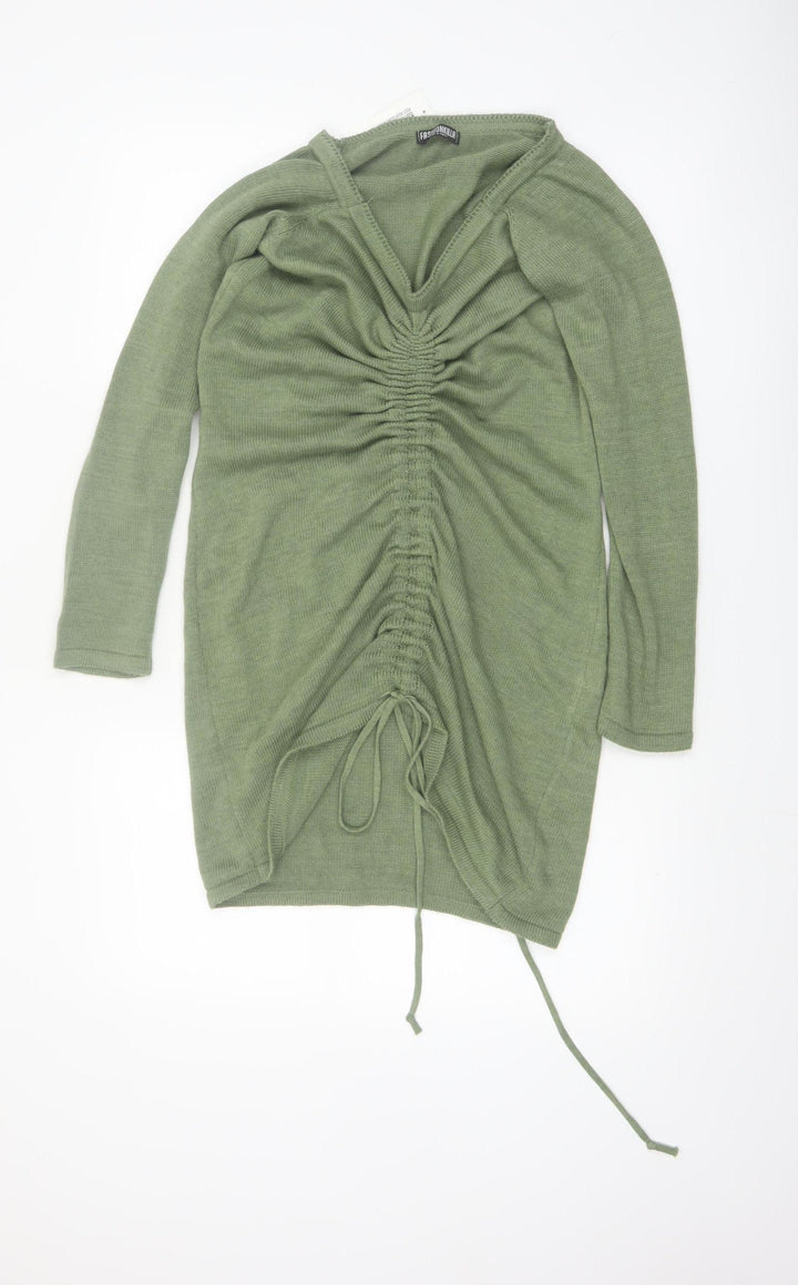 Fashionkilla Women Green V-Neck Long Sleeve Ruched Tunic Jumper Size 12