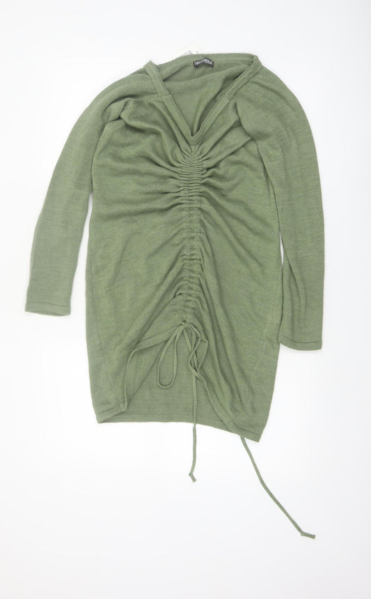 Fashionkilla Women Green V-Neck Long Sleeve Ruched Tunic Jumper Size 12