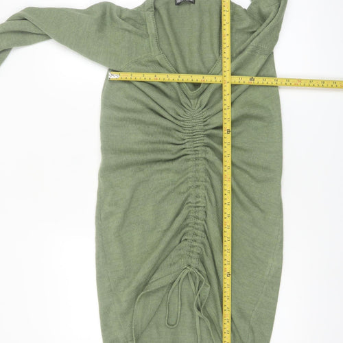 Fashionkilla Women Green V-Neck Long Sleeve Ruched Tunic Jumper Size 12
