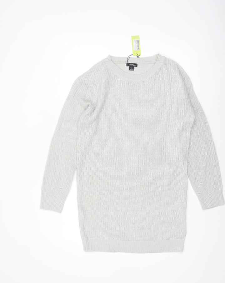 boohoo Women White Chunky Knit Crew Neck Long Sleeve Pullover Jumper S