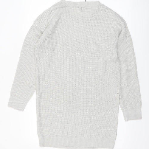 boohoo Women White Chunky Knit Crew Neck Long Sleeve Pullover Jumper S