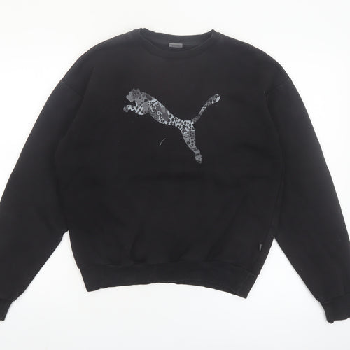 Puma Womens Black Small Pullover Sweatshirt Leopard Logo Cotton Blend