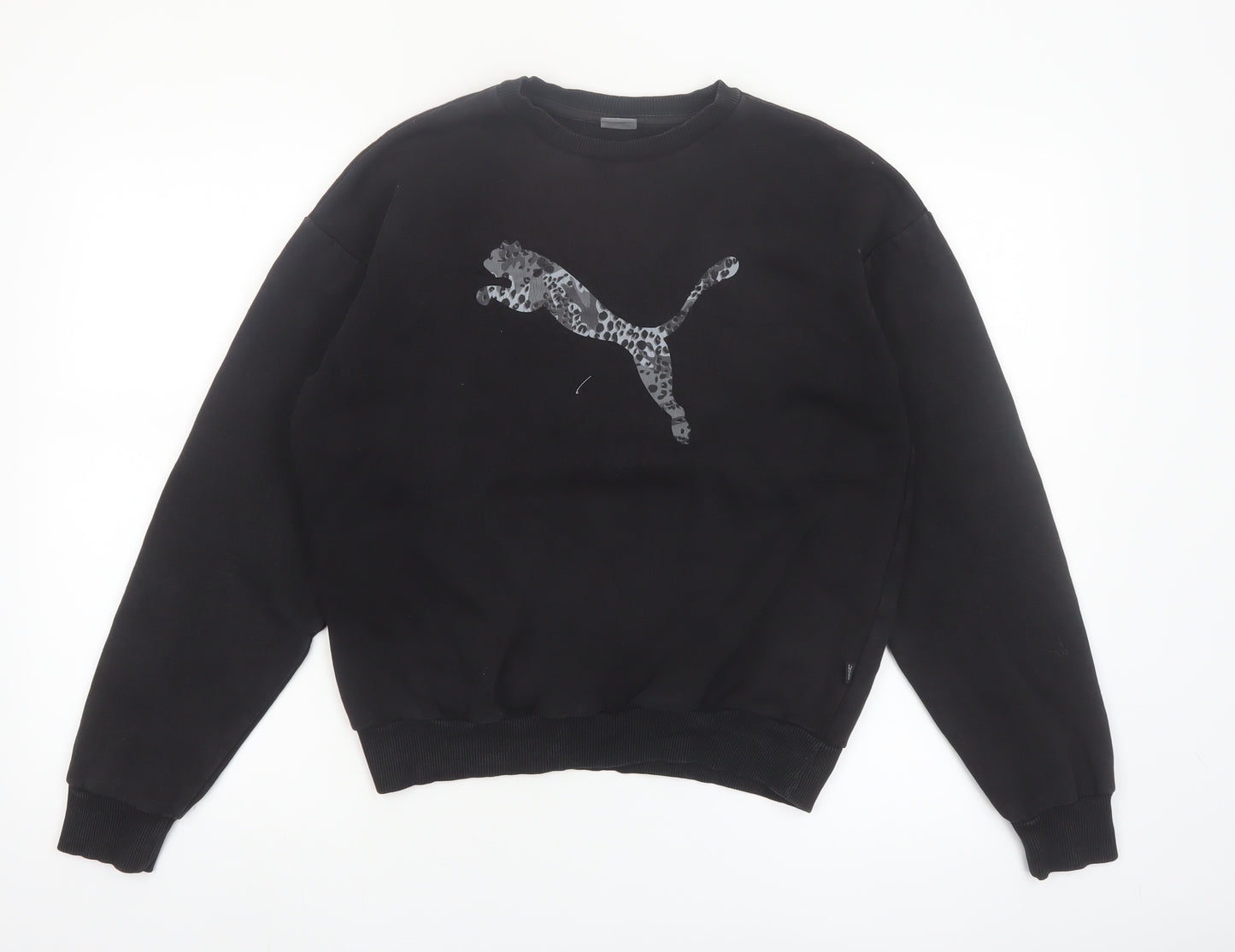 Puma Womens Black Small Pullover Sweatshirt Leopard Logo Cotton Blend